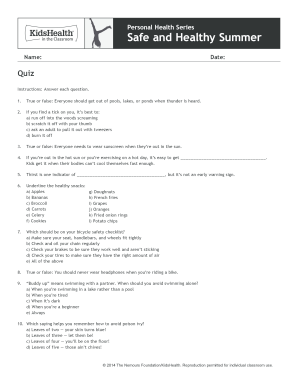 Safe and Healthy Summer Quiz