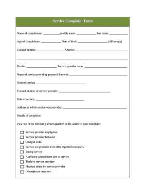 Service Complaint Form - Sample Templates