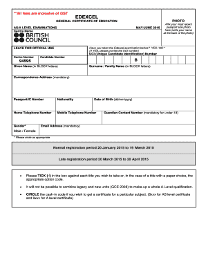 Edexcel AS/A Level Examination Registration Form