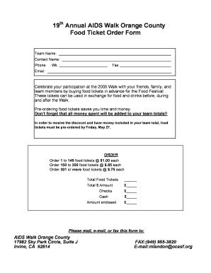 19th Annual AIDS Walk Orange County Food Ticket Order Form