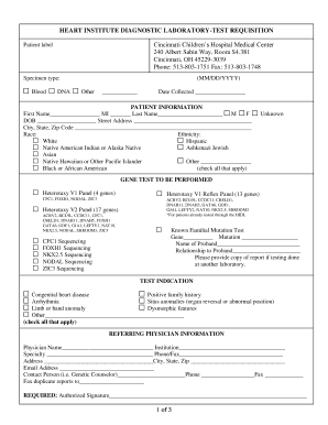 Heart Institute Diagnostic Laboratory Test Requisition
