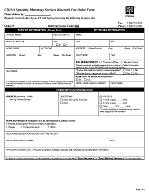 CIGNA Kineret Fax Order Form