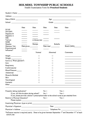 Holmdel Preschool Health Examination Form