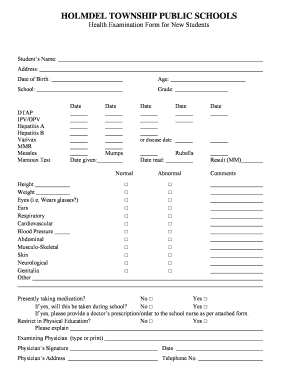 Holmdel Student Health Examination Form