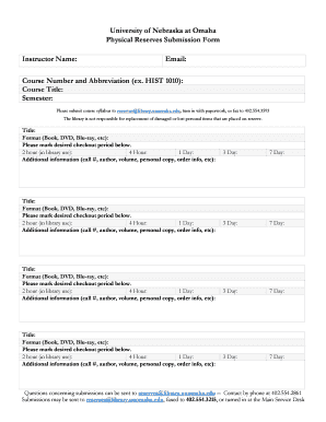 University of Nebraska Physical Reserves Submission Form