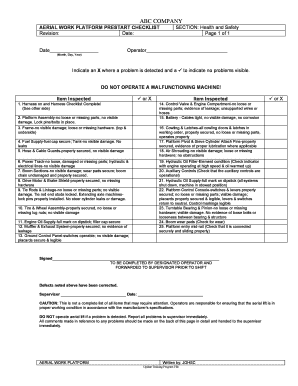 Aerial Work Platform Prestart Checklist