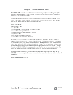 Progestin Implant Removal Note