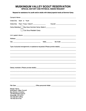Muskingum Valley Scout Reservation Special Needs Request