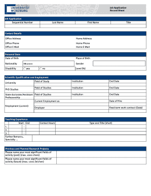 Job Application Record Sheet