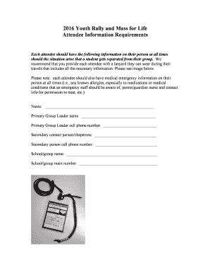 Youth Rally and Mass for Life Attendee Information Form