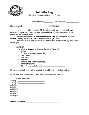 Physical Education Make Up Sheet