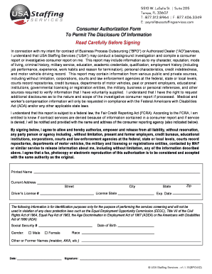 Consumer Authorization Form for Background Investigation