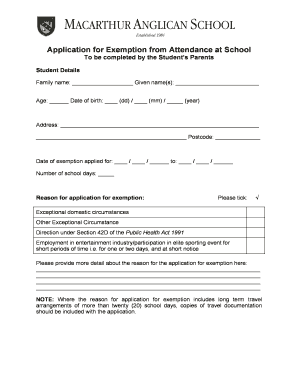 School Attendance Exemption Application
