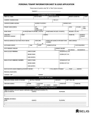 Personal Tenant Information Sheet & Lease Application