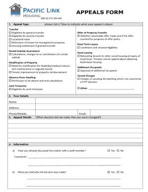 Appeals Form for Housing Decisions