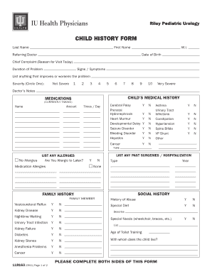 Riley Pediatric Urology Child History Form