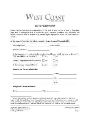 Company Questionnaire for Transfer Agent Agreement