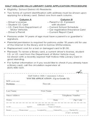 Half Hollow Hills Library Card Application