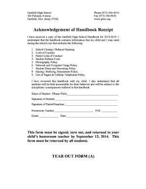 Garfield High School Handbook Receipt Acknowledgment