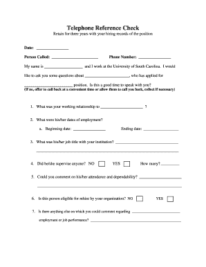 Telephone Reference Check Form
