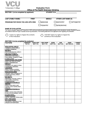 Pre-Health Sciences Evaluation Form