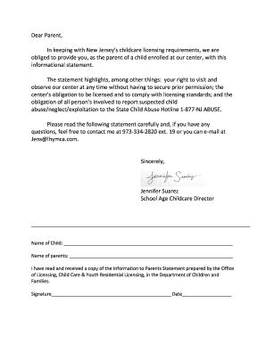 New Jersey Childcare Information to Parents Statement