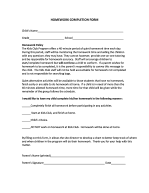 Homework Completion Form