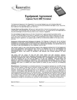 Equipment Agreement for Nurit 2085 Terminal