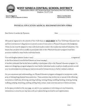 New York Physical Education Medical Recommendation Form