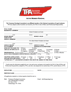 Tennessee Paralegal Association Renewal Form