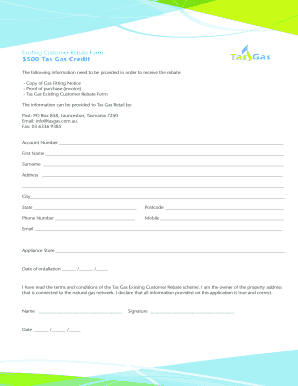 Tas Gas Existing Customer Rebate Form