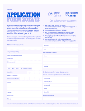 Barnet and Southgate College Application Form 2012/13
