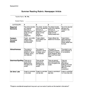 Summer Reading Rubric: Newspaper Article