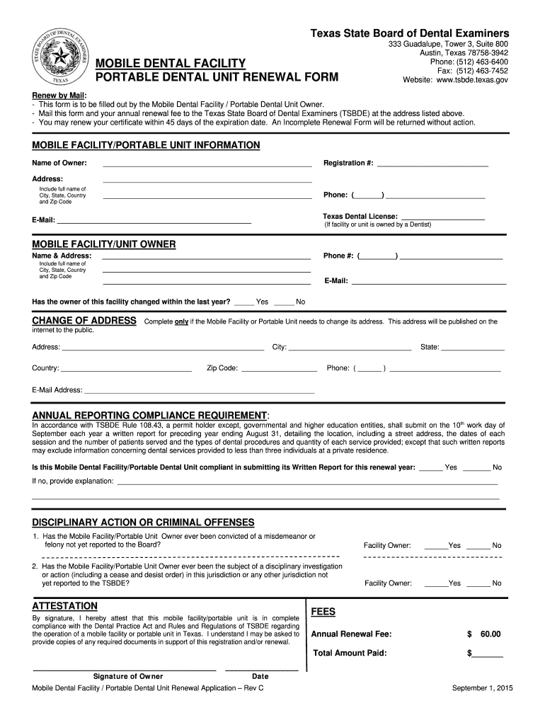 Fillable Online tsbde texas Mobile Dental Facility Portable Dental Unit
