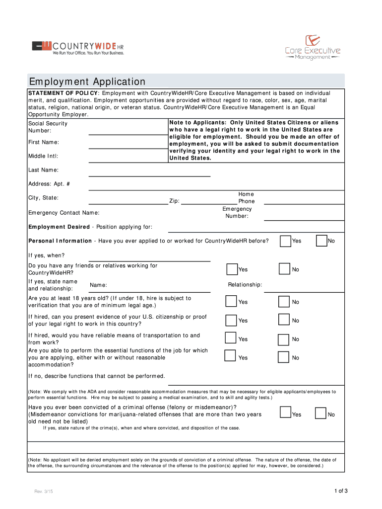 Fillable Online CEM bEmployment Applicationb Form - coneybeare Fax ...