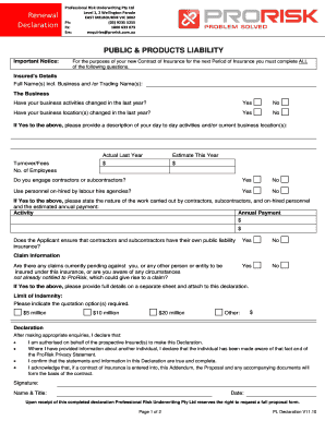 Public and Products Liability Insurance Renewal Declaration