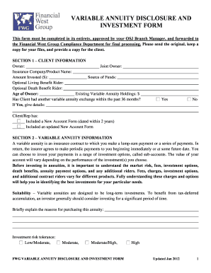 Variable Annuity Disclosure and Investment Form