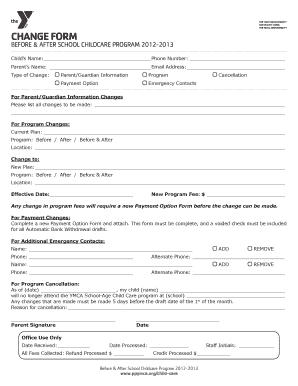 Before & After School Childcare Program Change Form