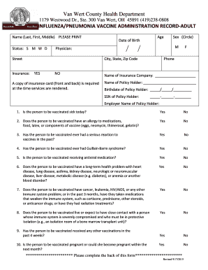 Influenza Pneumonia Vaccine Administration Record