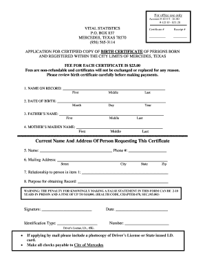Application for Certified Copy of Birth Certificate
