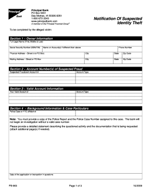 Principal Bank Identity Theft Notification Form