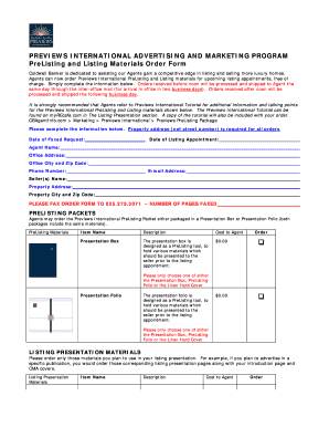 Previews International PreListing and Listing Materials Order Form