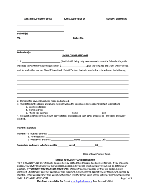 Wyoming Small Claims Affidavit