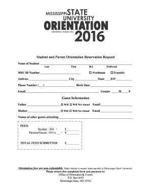 Student and Parent Orientation Reservation Request