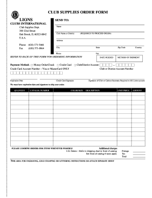 Lions Club Supplies Order Form