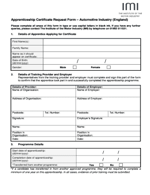 Apprenticeship Certificate Request Form – Automotive Industry (England)