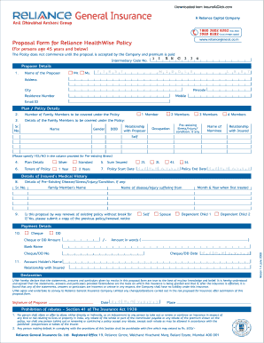 Reliance HealthWise Policy Proposal Form