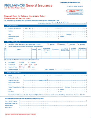 Reliance HealthWise Policy Proposal Form