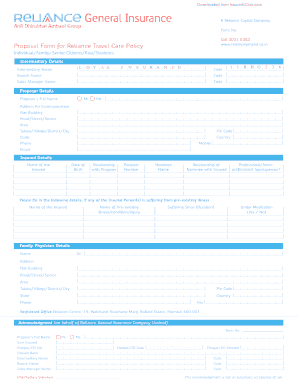 Reliance Travel Care Policy Proposal Form