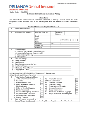 Reliance Travel Care Insurance Claim Form